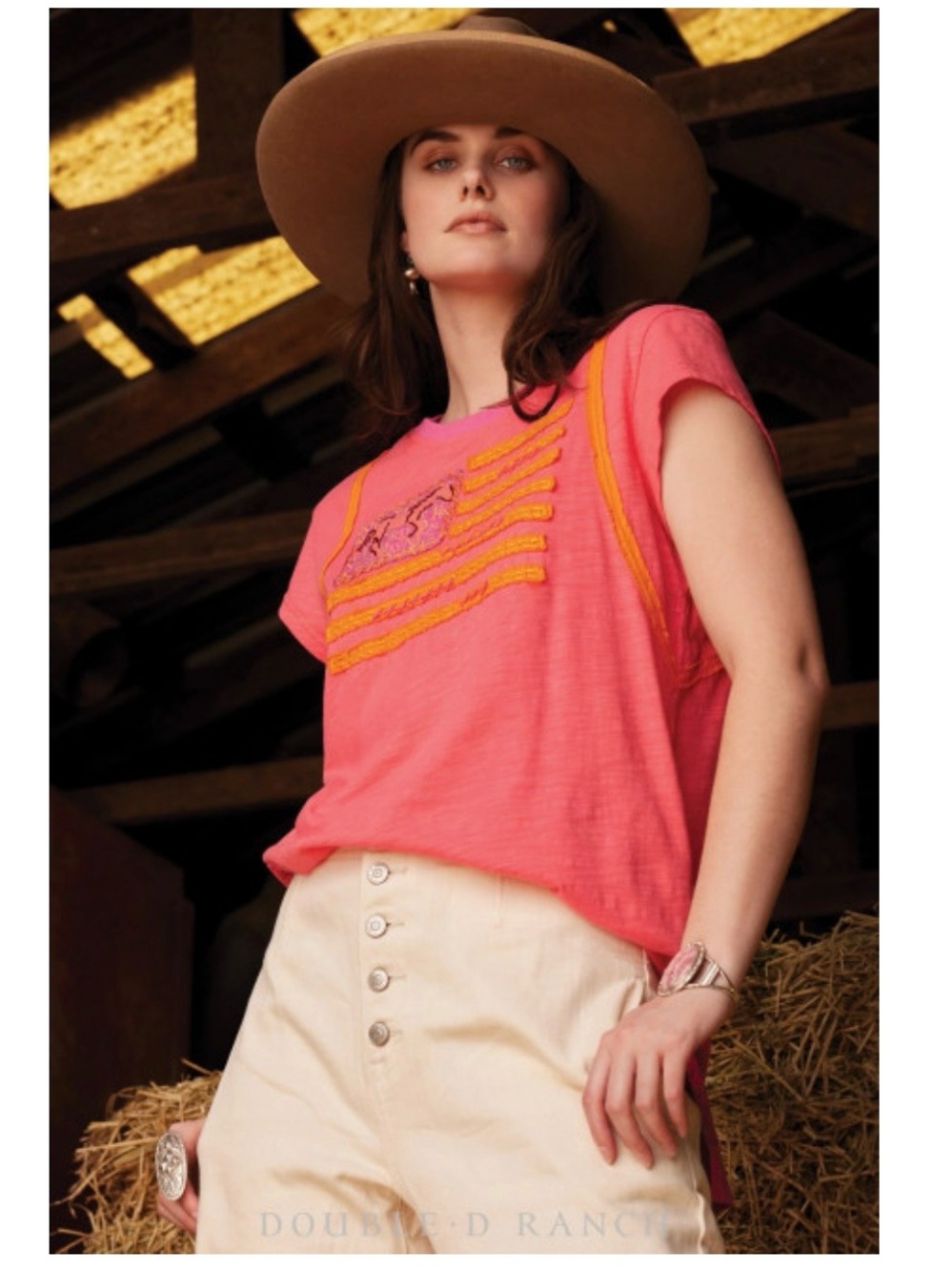 NWT Double D Ranchwear Women’s - Be Free Flag Shirt Coral XL
